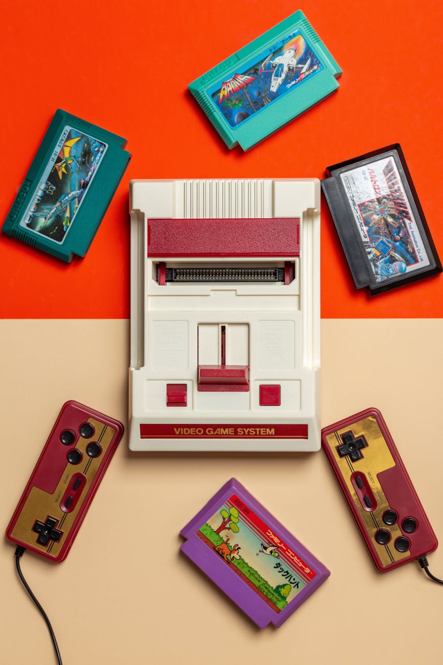 Retro NES game cartridges — vintage gaming nostalgia